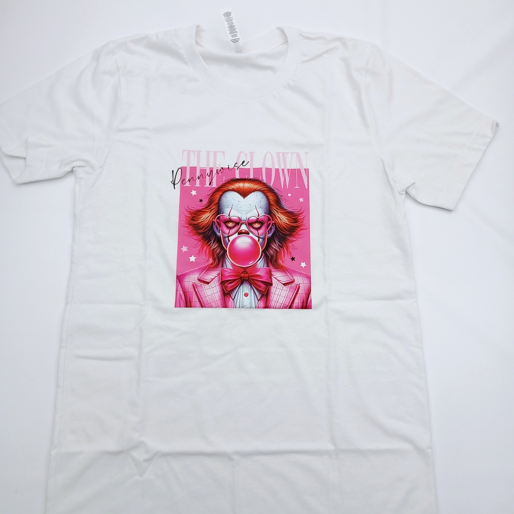 White Graphic T-Shirt with Pink Penny Wise Clown Design